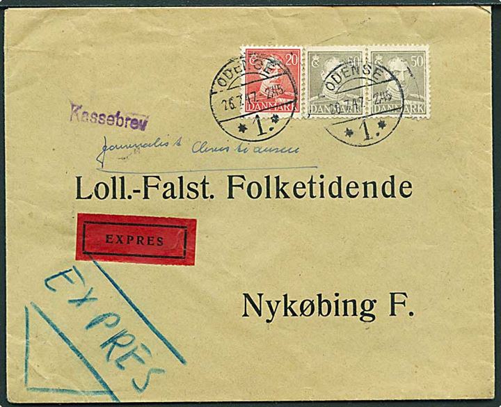 20 øre og 50 øre (par) Chr. X på ekspresbrev fra Odense d. 26.7.1947 til Nykøbing F. Lille liniestempel Kassebrev.
