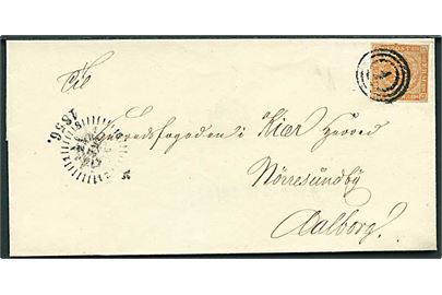 4 sk. 1854 udg. 4. tryk på brev annulleret med nr.stempel 1 og sidestemplet med kompasstempel d. 22.5.1856 til Nørresundby pr. Aalborg.
