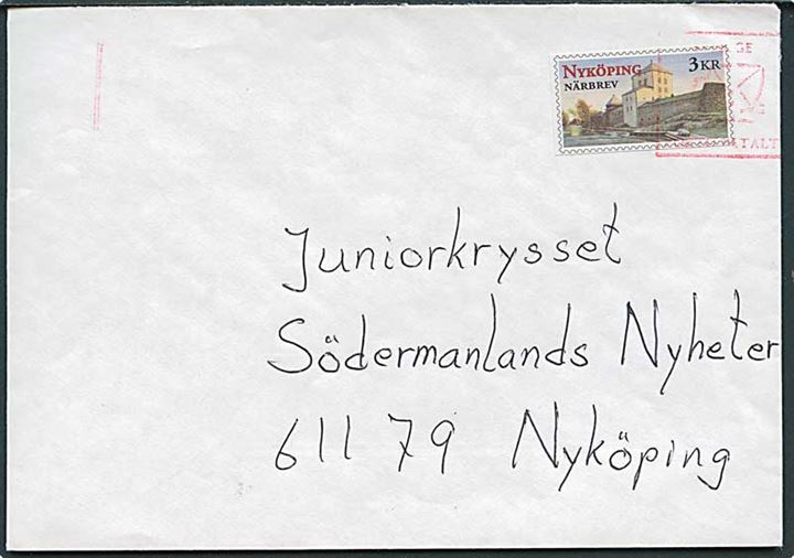 Nyköping Närbrev 3 kr. lokalmærke på lokalbrev annulleret med rødt stempel.