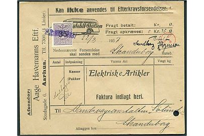 DSB 35/30 øre provisorisk fragtmærke annulleret med datostempel d. 22.3.1937 på fortrykt fragtbrev fra Aarhus Rutebil-Station for pakke til Skanderborg. Arkivhul.