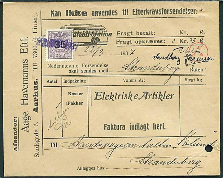 DSB 35/30 øre provisorisk fragtmærke annulleret med datostempel d. 22.3.1937 på fortrykt fragtbrev fra Aarhus Rutebil-Station for pakke til Skanderborg. Arkivhul.