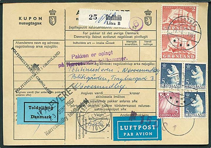 5 øre Nordlys, 2 kr. Ishavsskib (2) og 5 kr. Isbjørn (3) på adressekort for luftpostpakke fra Godthåb d. 19.6.1967 til Nørresundby.