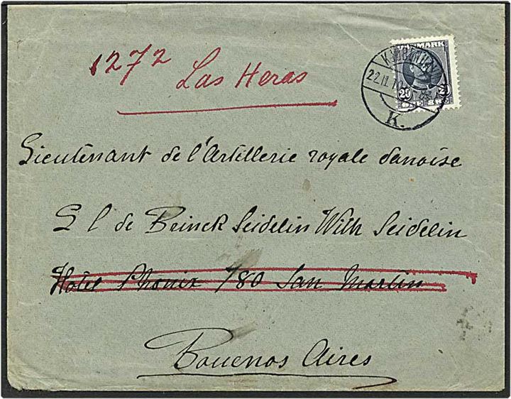 20 øre blå Fr. VIII singelfrankatur på brev fra København d. 22.11.1910 til Bouenos Aires.