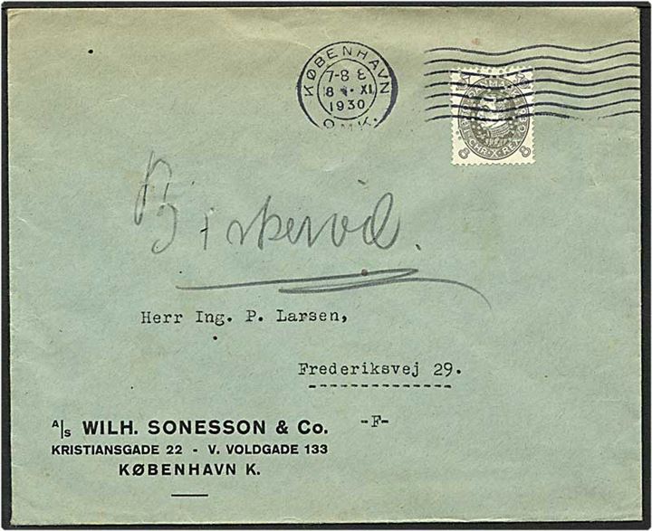 8 øre grå Chr. X på brev fra København d. 8.11.1930 til Birkerød. Mærket med perfin W20 - Wilh. Sonesson & Co.