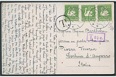 5 øre H.C.Andersen (3) på underfrankeret brevkort fra Middelfart d. 5.9.1936 til Cartina d'Ampezzo, Italien. T-postostempel og violet T 8 1/3 c..