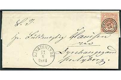 4 sk. Krone/Scepter (rift) karmin på brev annulleret med nr.stempel 33 og sidestemplet antiqua Kjerteminde d. 17.8.1864 til Dyrehaugegaard pr. Nyborg.