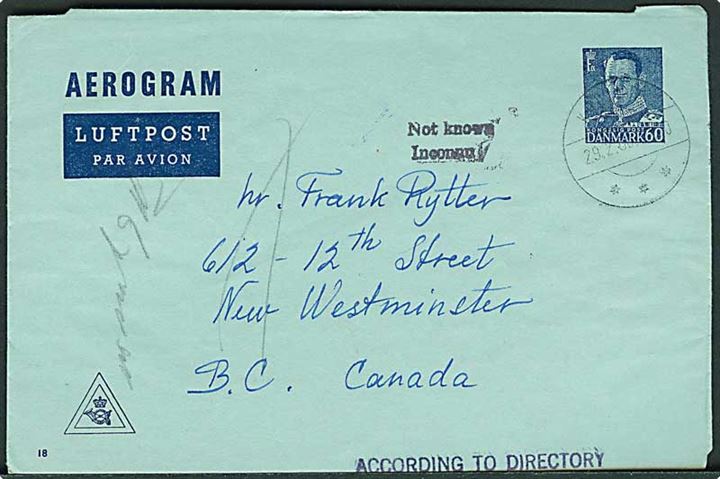 60 øre Fr. IX helsags aerogram (fabr. 18) fra Korinth d. 29.2.1960 (skuddag) til New Westminster, Canada. Retur med 2-sproget stempel Not known / Inconnu.