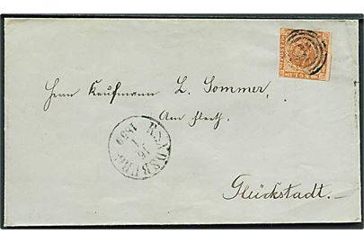 4 sk. 1858 udg. på brev annulleret med svagt nr.stempel og sidestemplet antiqua Rendsburg d. 16.1.1859 til Glückstadt.