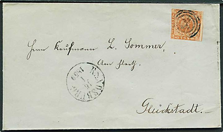 4 sk. 1858 udg. på brev annulleret med svagt nr.stempel og sidestemplet antiqua Rendsburg d. 16.1.1859 til Glückstadt.