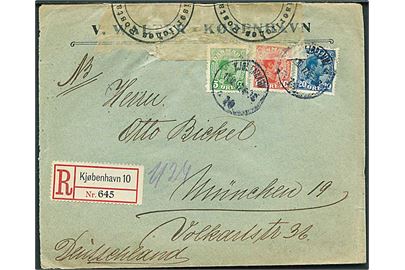 5 øre, 10 øre og 20 øre Chr. X på anbefalet brev fra Kjøbenhavn d. 11.10.1917 til München, Tyskland. Åbnet af tysk censur i Hamburg.