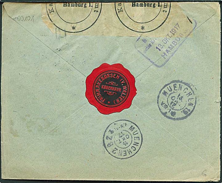 5 øre, 10 øre og 20 øre Chr. X på anbefalet brev fra Kjøbenhavn d. 11.10.1917 til München, Tyskland. Åbnet af tysk censur i Hamburg.