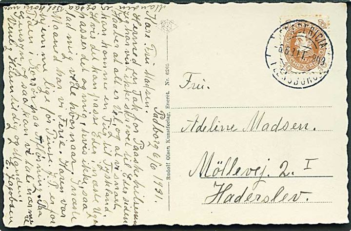 10 øre Chr. X 60 år på brevkort (Toldgaarden i Padborg) annulleret med bureaustempel Fredericia - Flensborg sn5 T.949 d. 6.6.1931 til Haderslev.
