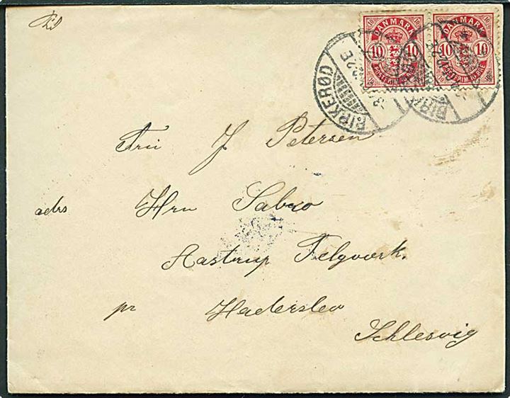 10 øre Våben i parstykke på brev fra Birkerød d. 3.4.1905 til Aastrup Teglværk pr. Haderslev i Slesvig.