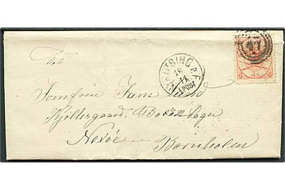 4 sk. Krone/Scepter på brev annulleret med nr.stempel 47 og sidestemplet lapidar Nykjøbing p.F. d. 18.11.1870 via Kjøbenhavn og Neksø til Kjøllergaard, Boldilsk Sogn, Nexöe, Bornholm.