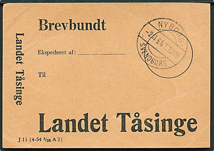 Brevbundt J11 (4-54 1/25 A2) med bureaustempel Nyborg - Svendborg T.2200 d. 2.11.1966 til Landet Tåsinge.
