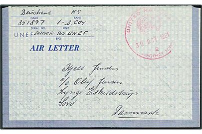 UNEF Air Letter stemplet United Nations Emergency Force 2 d. 30.10.1961 til Sorø, Danmark. Fra DANOR BN UNEF i Ben Hanun.