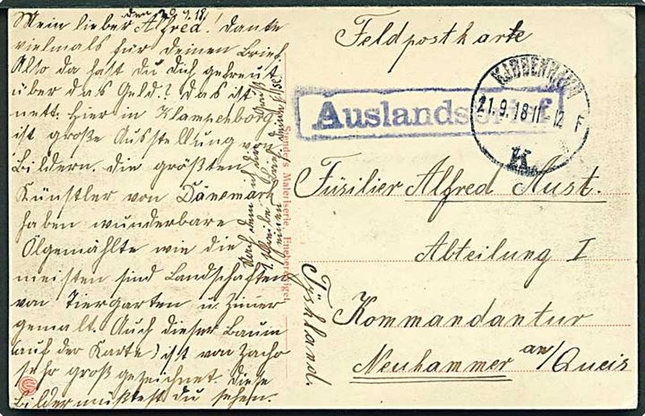 Ufrankeret indgående feltpost brevkort fra Kjøbenhavn d. 21.9.1918 til soldat i Neuhammer, Tyskland. Rammestempel Auslandsbrief.