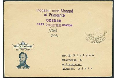 Brev fra Ungarn til Odense med stempel: Indgaaet med mangel af Frimærke og Odense Postkontor d. 29.10.1954.