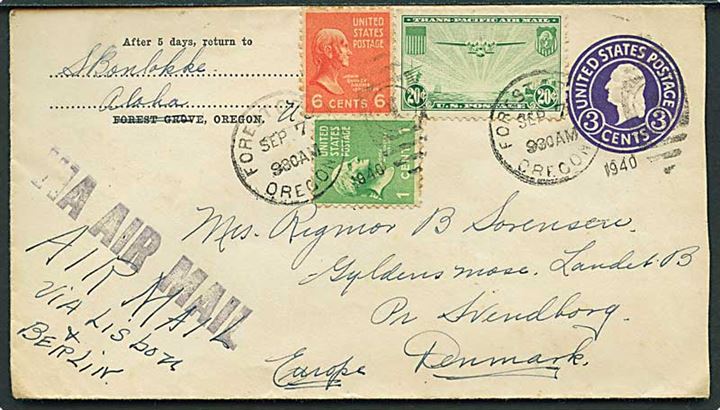 3 cents helsagskuvert opfrankeret med 27 cents sendt som luftpost fra Forest Grove d. 7.9.1940 til Landet pr. Svendborg, Danmark. Påskrevet: via Lisbon & Berlin. Uden censur.