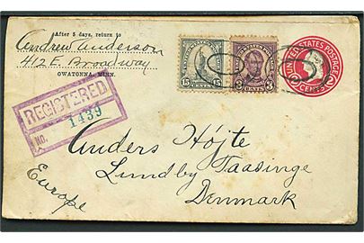 2 cents helsagskuvert opfrankeret med 18 cents og sendt anbefalet fra Owatinna d. 7.2.1930 via New York til Landet pr. Svendborg, Danmark.