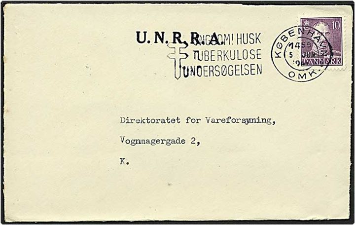 10 øre violet Chr. x på lokalt brev fra United nations Relief and Rehabilitiation Administration fra København d. 5.6.1946.