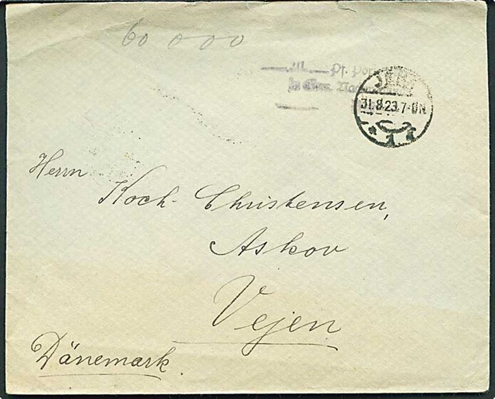 Barfrankeret inflabrev påskrevet 60.000 mk. fra Jena d. 31.8.1923 til Askov pr. Vejen, Danmark.