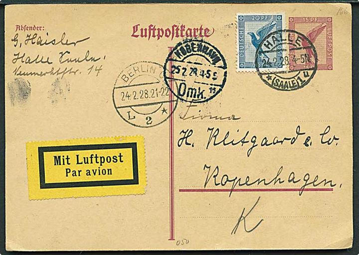 15 pfg. luftpost helsagsbrevkort opfrankeret med 20 pfg. Luftpost fra Halle d. 24.2.1928 via Berlin til København, Danmark.