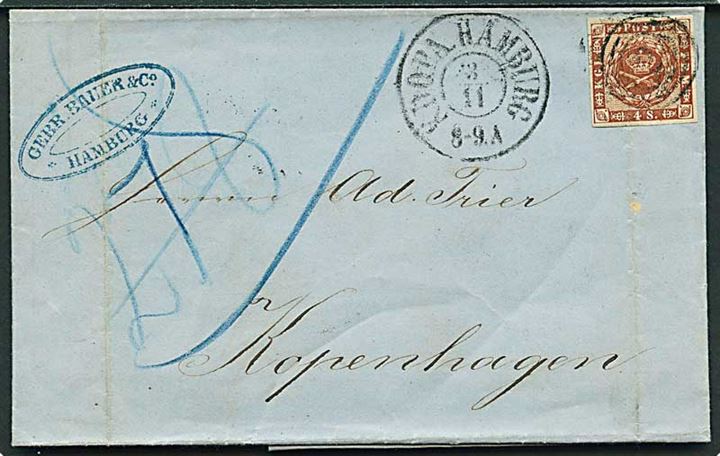 4 sk. 1858 udg. på brev annulleret med nr.stempel 2 og sidestemplet K.D.O.P.A. Hamburg d. 3.11.1860 til København.