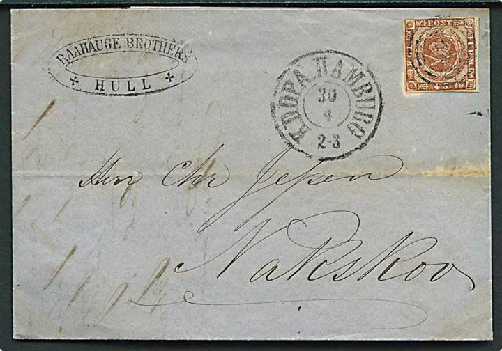 4 sk. 1858 udg. på brev med indhold fra Hull annulleret med nr.stempel 2 og sidestemplet antiqua K.D.O.P.A. Hamburg d. 30.4.1861 til Nakskov.
