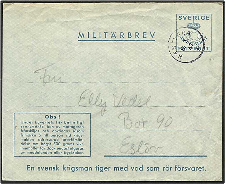 Svensk mititærbrev fra Hästveda d. 6.3.1947 til Eslöv.