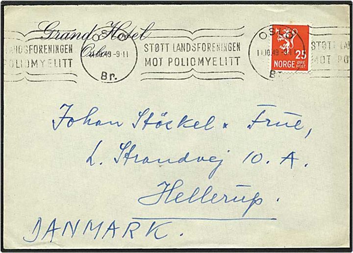 25 øre rød løve på brev fra Oslo, Norge, d. 11.10.1949 til Hellerup.