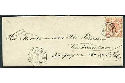 4 sk. Krone/Scepter på brev annulleret med nr.stemepel 24 og sidestemplet antiqua Helsingør d. 25.1.1867 til Kjøbenhavn.