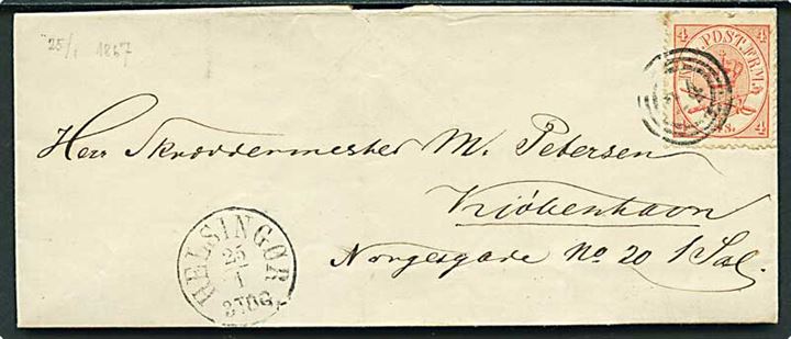 4 sk. Krone/Scepter på brev annulleret med nr.stemepel 24 og sidestemplet antiqua Helsingør d. 25.1.1867 til Kjøbenhavn.