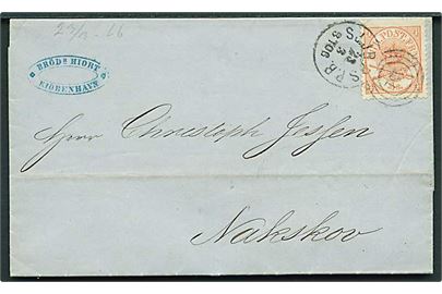 4 sk. Krone/Scepter på brev fra Kjøbenhavn annulleret med kombineret nr.stempel 181/SJ.JB.P.S.P.B. d. 23.3.1868 til Nakskov.