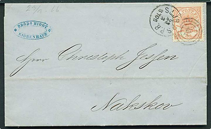 4 sk. Krone/Scepter på brev fra Kjøbenhavn annulleret med kombineret nr.stempel 181/SJ.JB.P.S.P.B. d. 23.3.1868 til Nakskov.
