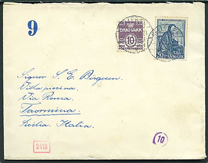 10 øre Bølgelinie og 30 øre Thorvaldsen på brev fra Hellerup d. 9.9.1941 til Taormina, Italien. Åbnet af tysk censur.