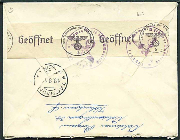 10 øre Bølgelinie og 30 øre Thorvaldsen på brev fra Hellerup d. 9.9.1941 til Taormina, Italien. Åbnet af tysk censur.