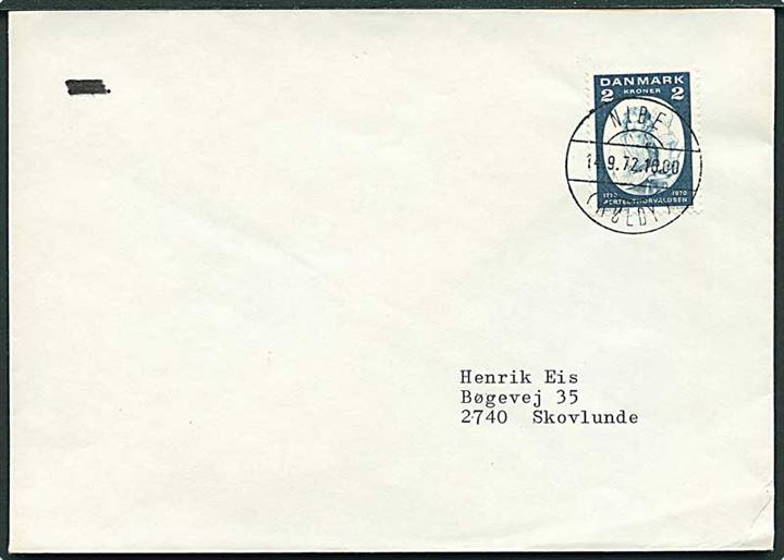 2 kr. Thorvaldsen på brev annulleret med parentes stempel Nibe (Kølby) d. 14.9.1972 til Skovlunde.