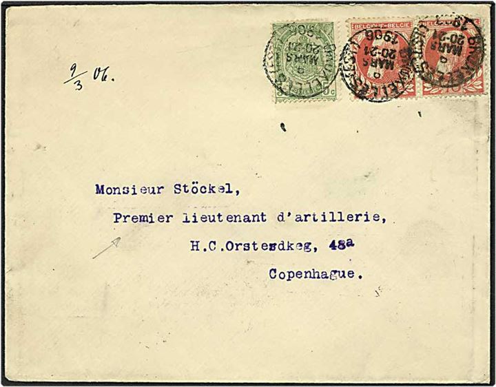 25 centimes på brev fra Bruxelles, Belgien, d. 5.3.1906 til premierløjtnant ved artilleriet i København.