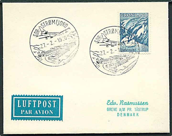 60 øre Havets Moder på luftpostbrev fra Sdr. Strømfjord d. 27.2.1960 til Greve pr. Tåstrup.