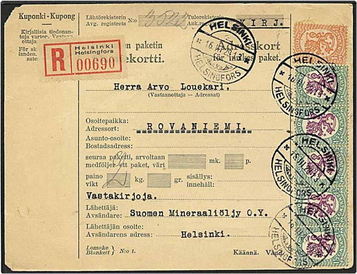 1 mark orange og 1½ mark grøn/rød løvemærke på adressekort fra Helsingfors, Finland, d. 16.3.1929.