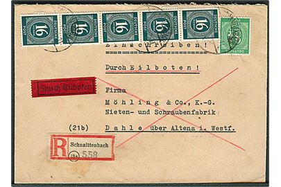 16 pfg. (5) og 84 pfg. på anbefalet ekspresbrev fra Schnaittenbach d. x.3.1947 til Dahle.