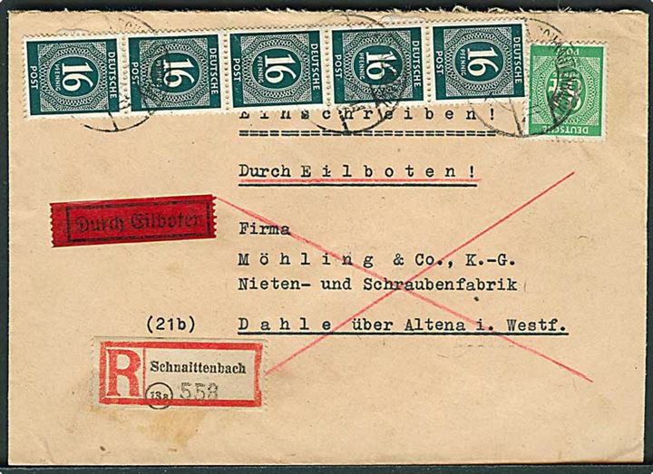 16 pfg. (5) og 84 pfg. på anbefalet ekspresbrev fra Schnaittenbach d. x.3.1947 til Dahle.