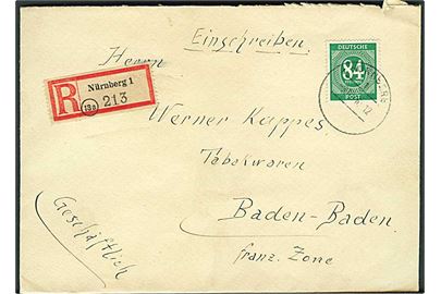 84 pfg. single på anbefalet brev fra Nürnberg d. 9.10.1946 til Baden-Baden.