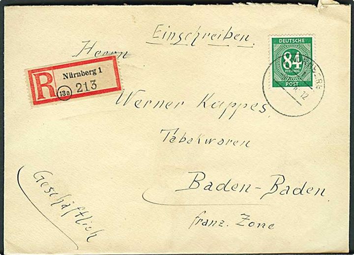 84 pfg. single på anbefalet brev fra Nürnberg d. 9.10.1946 til Baden-Baden.