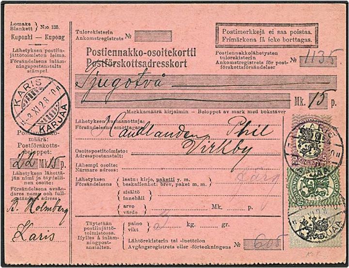 50 penni grøn, 3 mark blå/sort og 5 mark violet/sort løvemærke på adressekort fra Karis, Finland, d. 3.11.1928.