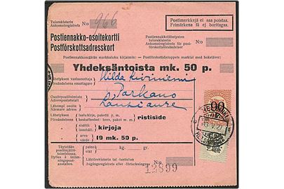 90/20 penni rød og 3 mark blå/sort løvemærke på adressekort fra Helsingfors, Finland, d. 13.5.1927.