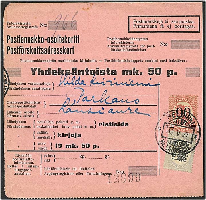 90/20 penni rød og 3 mark blå/sort løvemærke på adressekort fra Helsingfors, Finland, d. 13.5.1927.