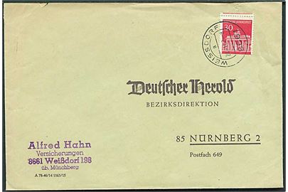 30 pfg. Brandenburger Tor automatmærke med skæv afskæring på brev fra Weissdorf d. 24.1.1967 til Nürnberg.