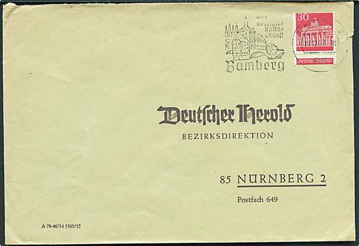30 pfg. Brandenburger Tor automatmærke med skæv afskæring på brev fra Bamberg d. 11.12.1967 til Nürnberg.
